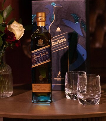 A bottle of Johnnie Walker Blue Label Gift Pack with 2x Glasses