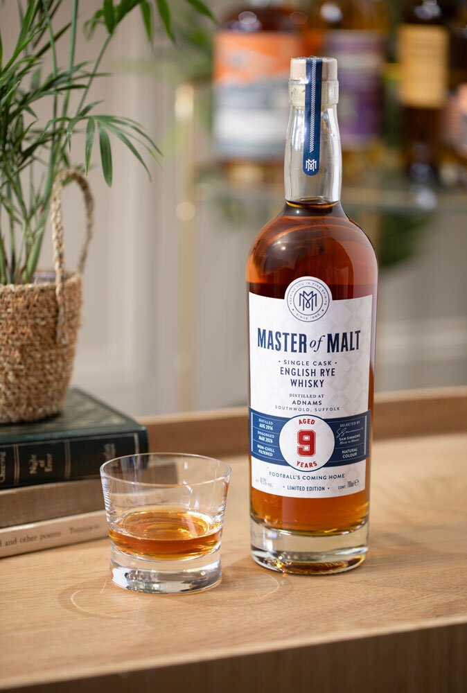 Adnams 9 Year Old 2016 - World Cup Edition (Master of Malt) whisky bottle with glass