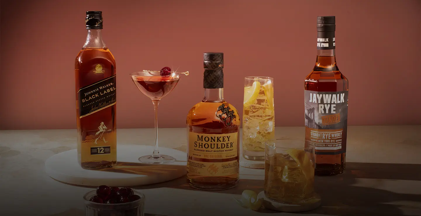 Bottles of Johnnie Walker Black Label, Jaywalk and Monkey Shoulder.