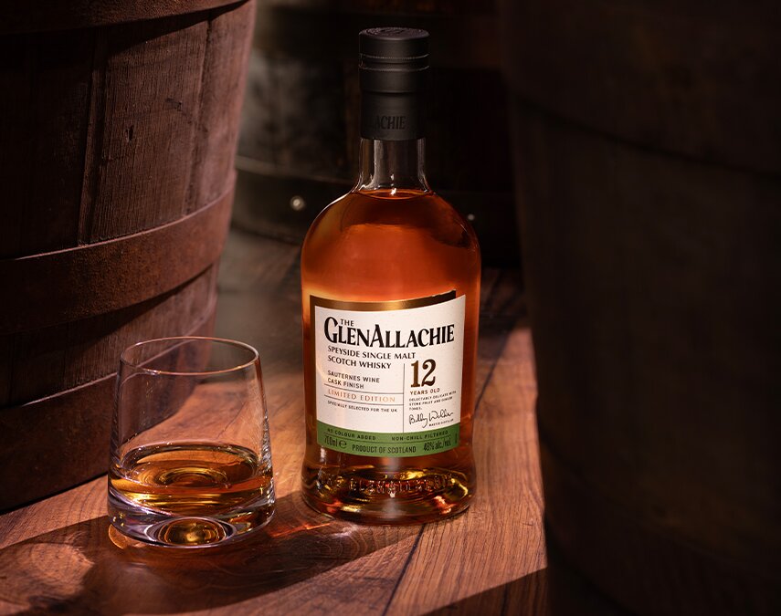 A bottle of GlenAllachie 12 Year Old 2012 Sauternes Wine Cask Finish Wine.