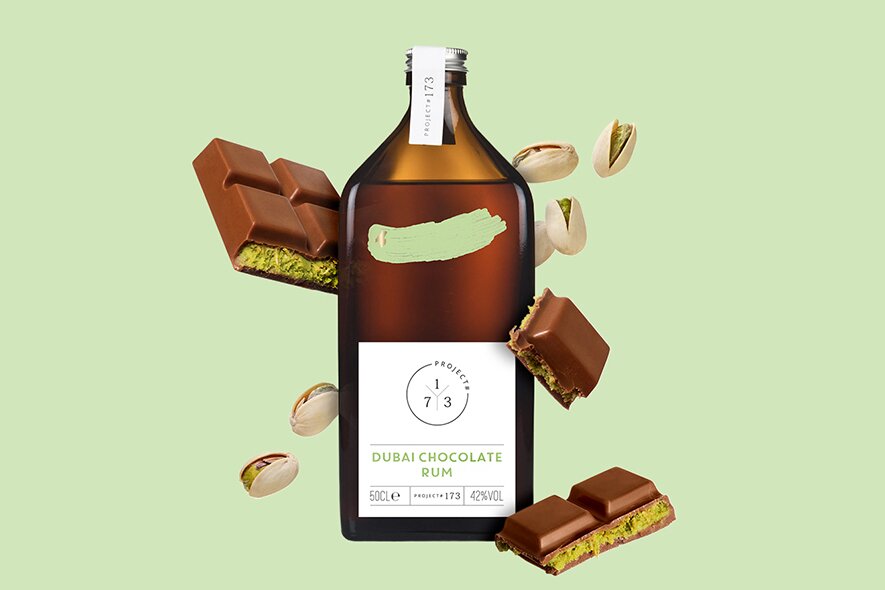 A bottle of Project 173 Dubai Chocolate Rum