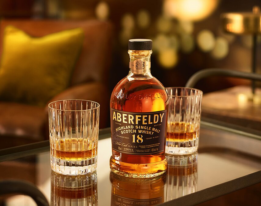 A bottle of Aberfeldy 18 Year Old Sangiovese Red Wine Cask.