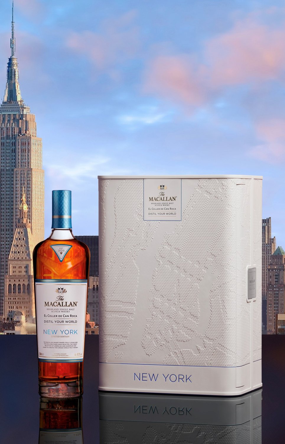 Macallan whisky bottle and presentation box in front of Empire State Building