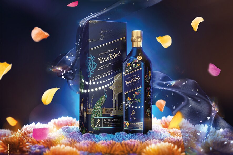 A bottle of Johnnie Walker Blue Label X Rahul Mishra Diwali Limited Edition