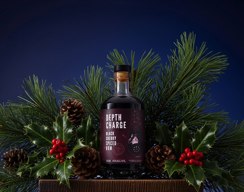 A bottle of Depth Charge Black Cherry Spiced Rum