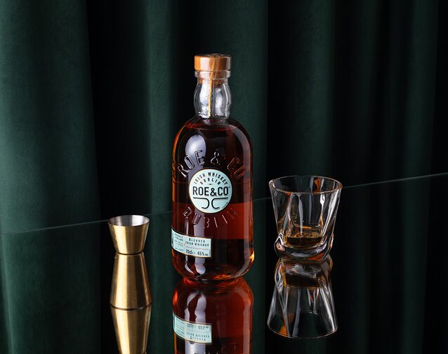 A bottle of Roe & Co Irish Whiskey.