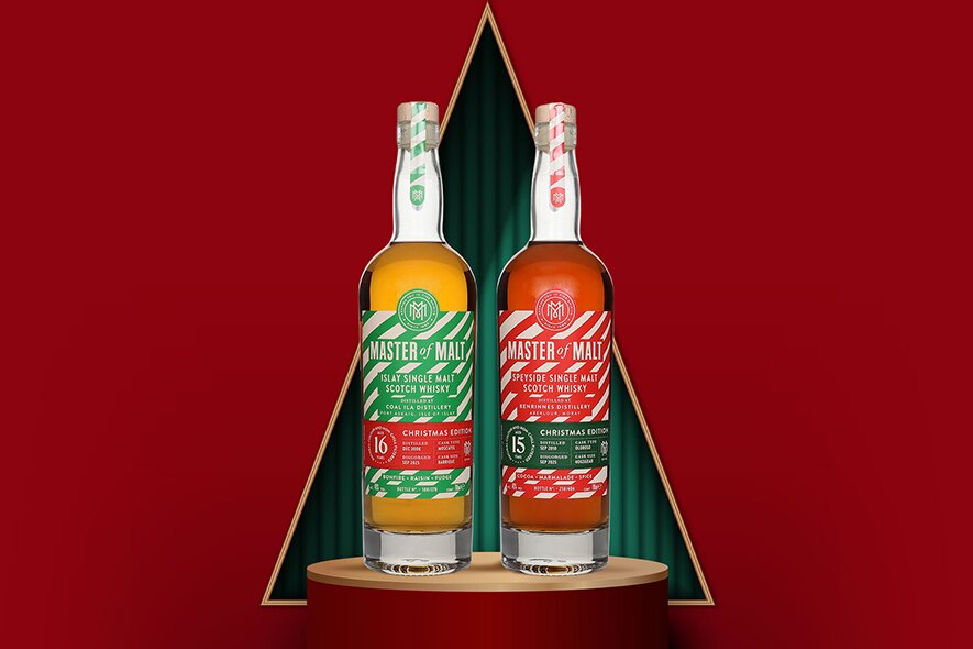 Two Master of Malt Christmas bottlings against a red background. 