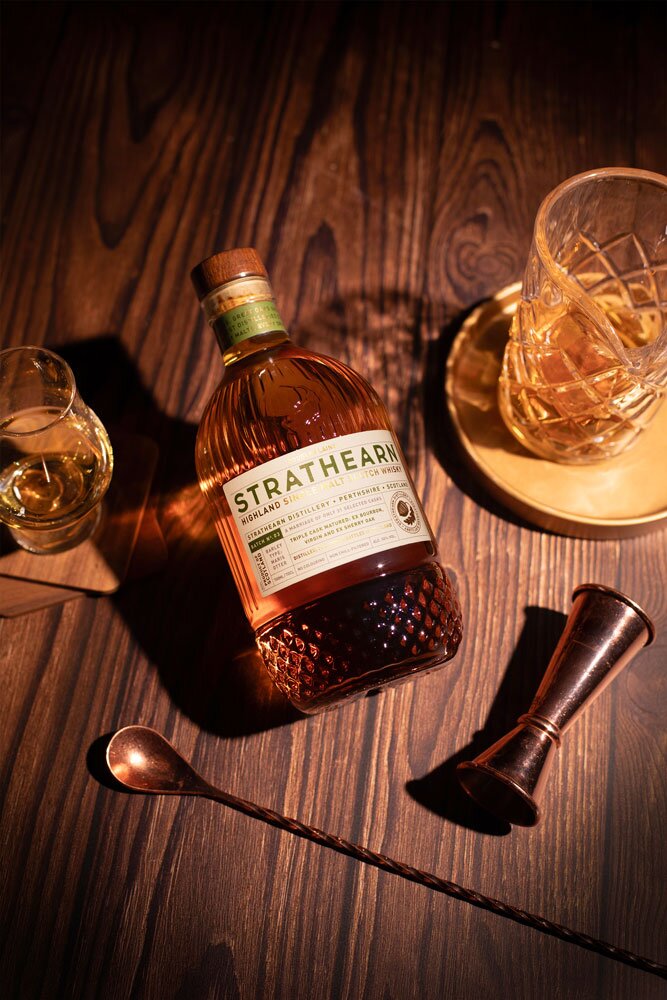Strathearn Single Malt Batch 03 whisky bottle with glass and barware