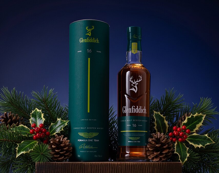 A bottle of Glenfiddich & Aston Martin Formula One™ Team 16 Year Old Limited Edition