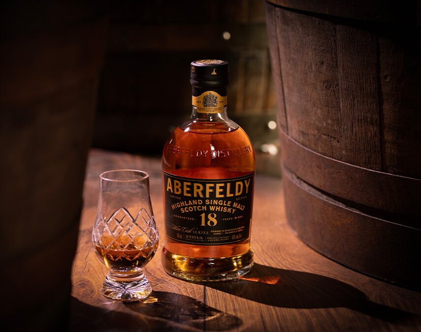 A bottle of Aberfeldy 18 YO Sangiovese Wine Cask.