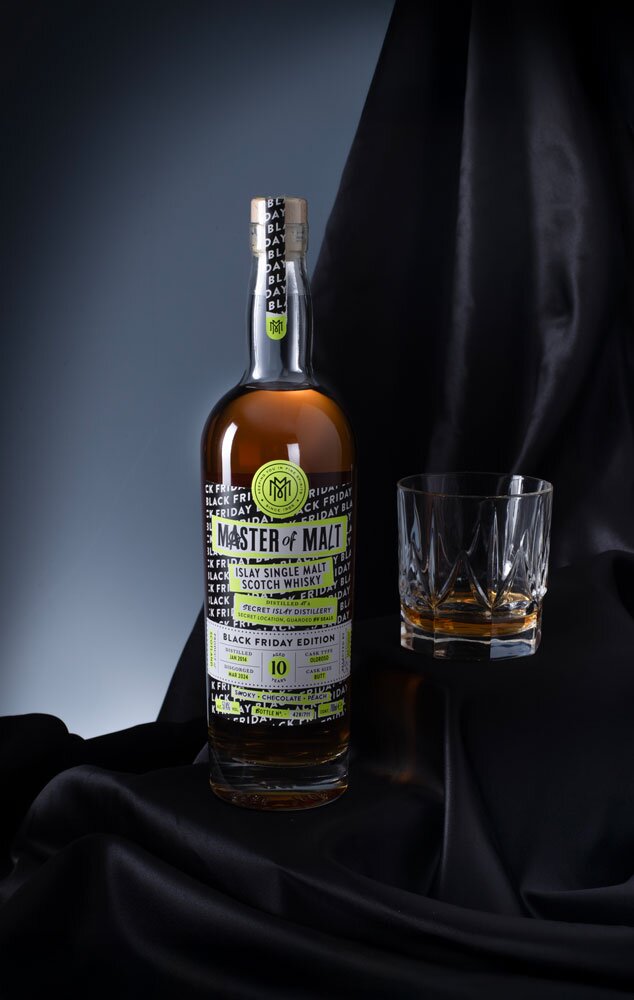 Secret Islay 10 Year Old 2014 - Black Friday (Master of Malt) whisky bottle with glass