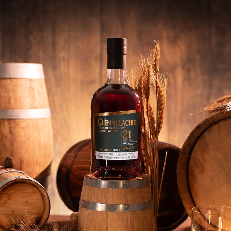 A bottle of GlenAllachie 21 Year Old 
Cask Strength - Batch 7