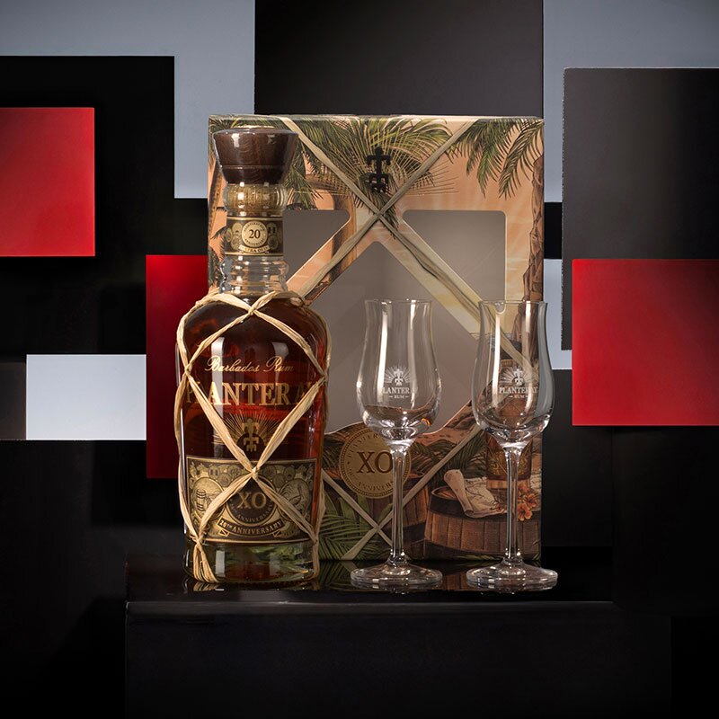 A bottle of Planteray XO Barbados 20th Anniversary Gift Pack with 2x Glasses