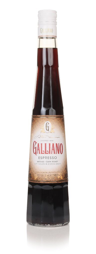 Galliano Espresso bottle with two branded glasses