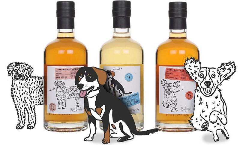 Some badly drawn dogs next to bottles of whisky