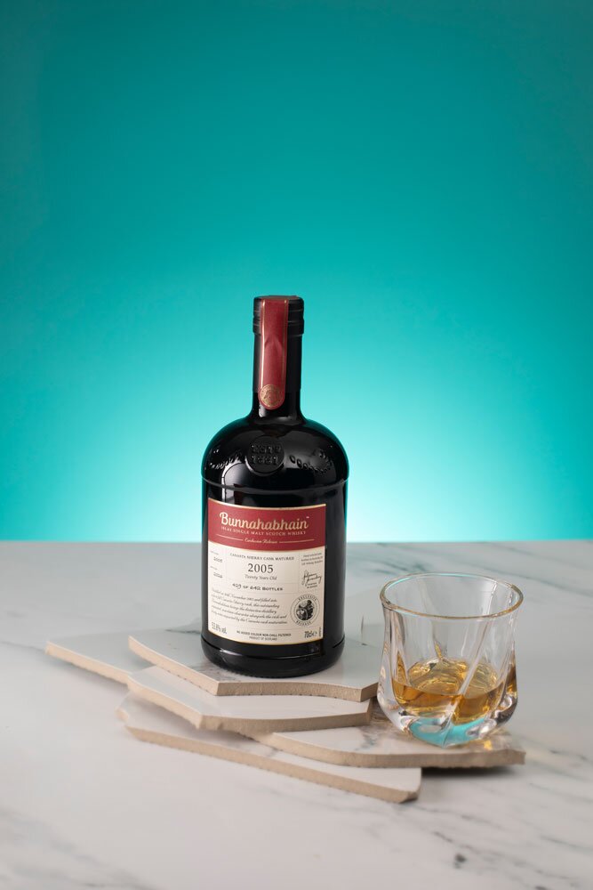 Bunnahabhain 20 Year Old Canasta Sherry Cask Matured 70cl whisky bottle and glass