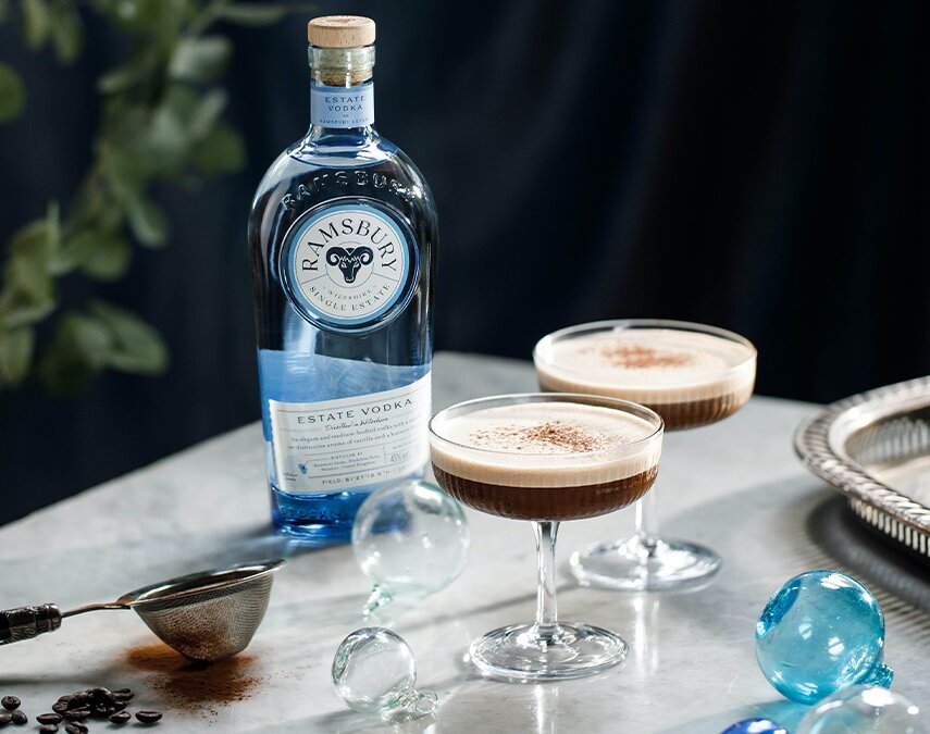 Bottle of Vodka with two cocktails