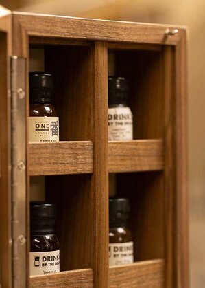 Close up of The Very Old & Rare Whisky Collection door with drams