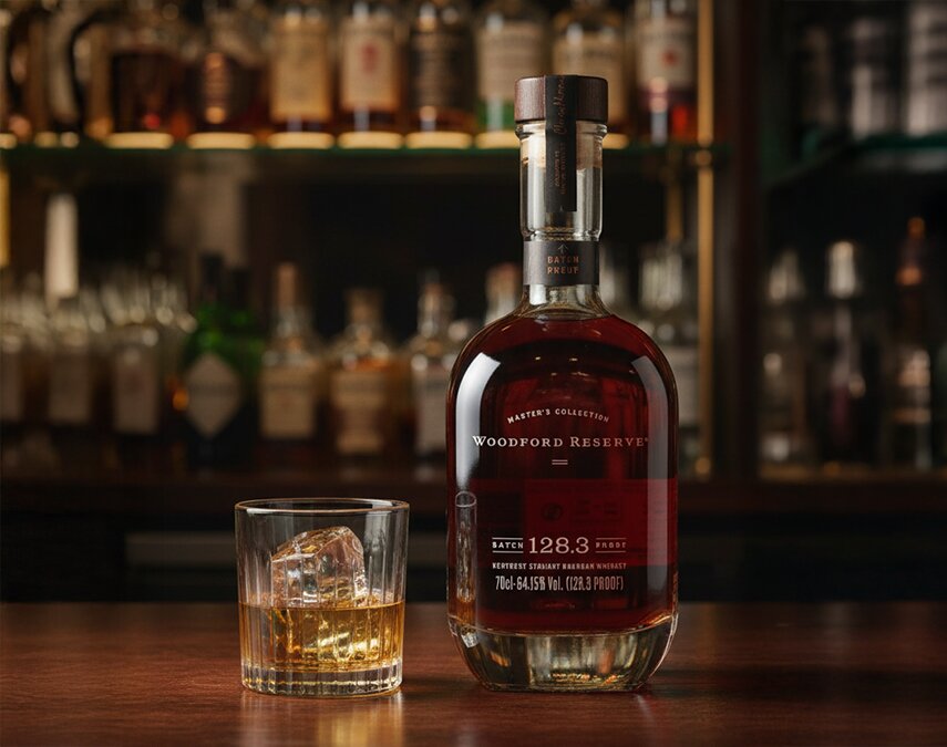 A bottle of Woodford 128.3 Proof MoM Exclusive and cocktail