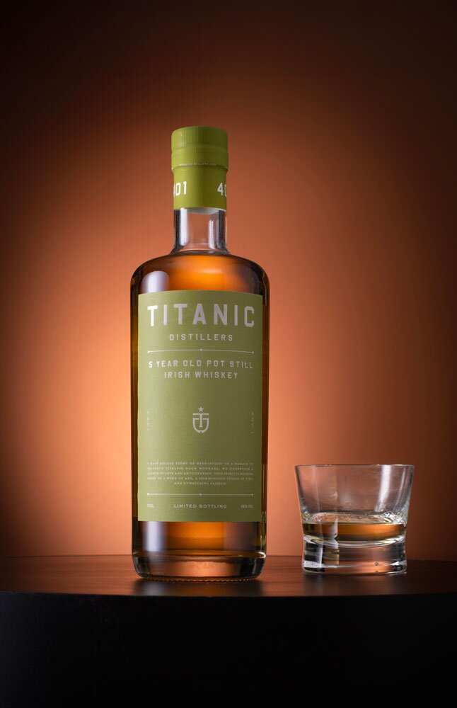 Titanic Distillers 5 Year Old Pot Still Whiskey whiskey bottle with glass
