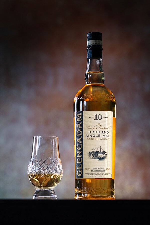 Glencadam 10 Year Old bottle with tasting glass