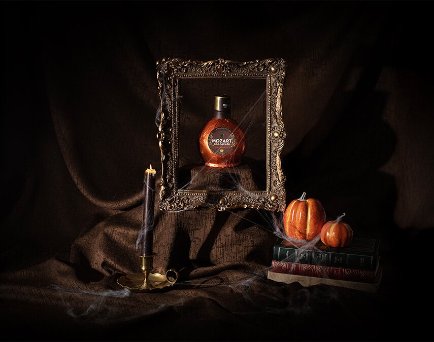 A bottle of Mozart Pumpkin Spice Chocolate Cream Liqueur.