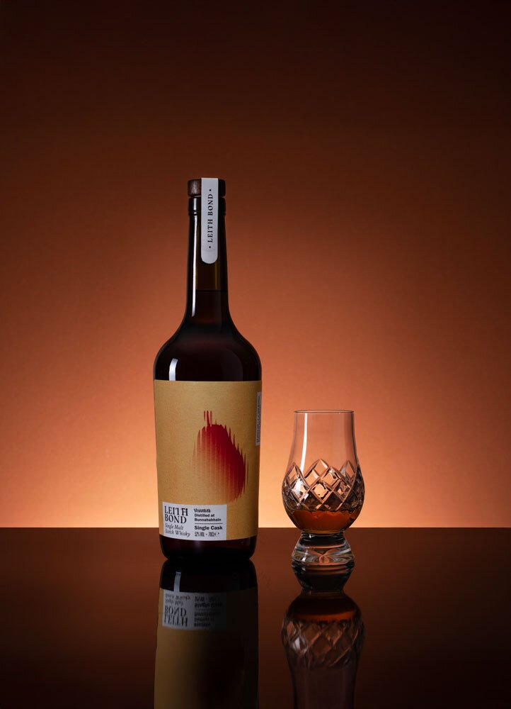Leith Bond Staoisha 12 Year Old Single Cask whisky bottle with tasting glass