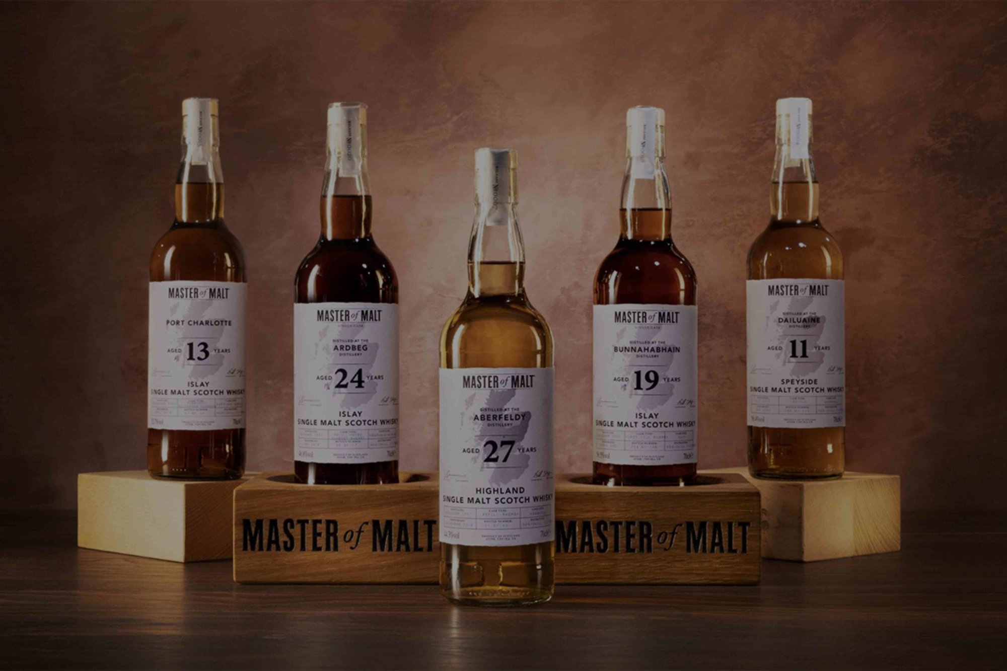 Five bottles of Master of Malt exclusive whiskies 