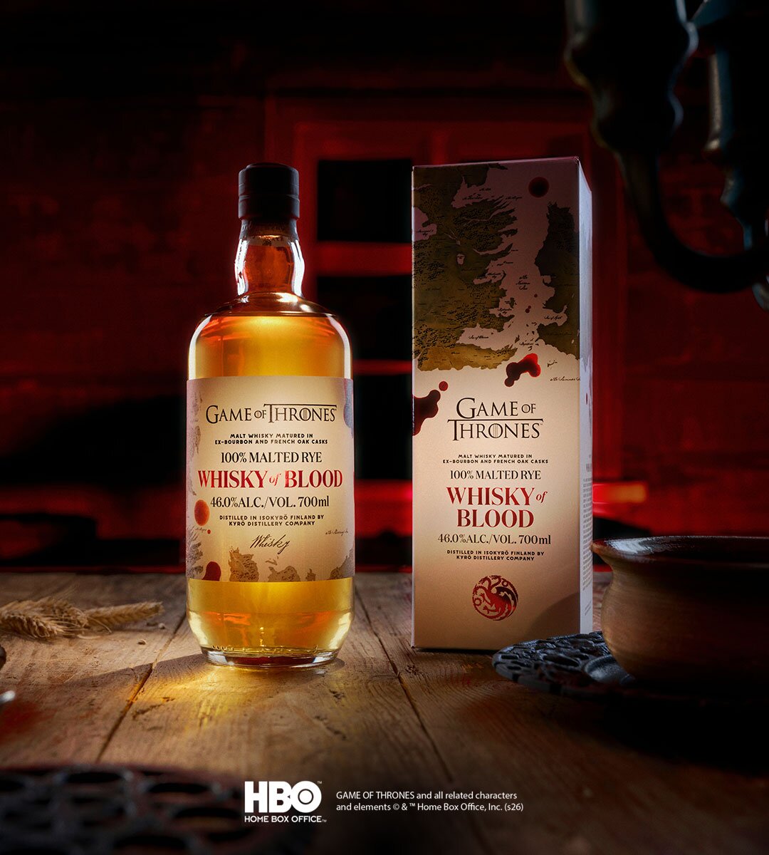 A bottle of Kyrö Whisky Of Blood