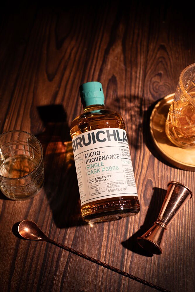 Bruichladdich 16yo 2008 Micro Provenance whisky bottle with glass and barware