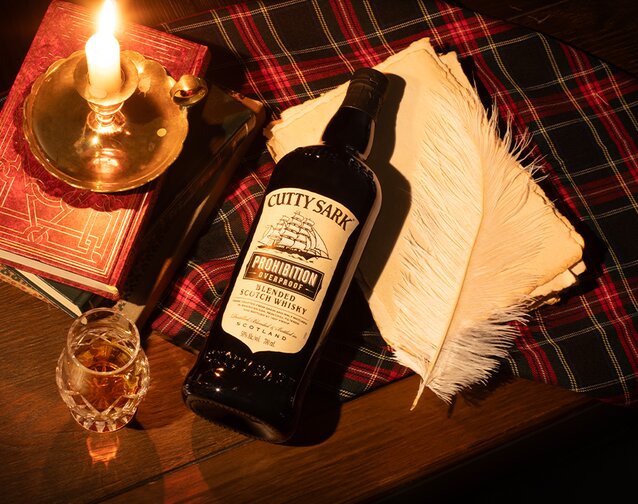 A bottle of Cutty Sark Prohibition Overproof Blended Scotch Whisky.