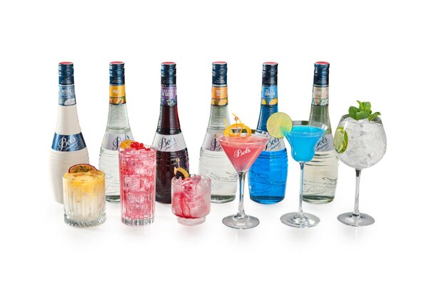 A range of Bols liqueurs and their cocktails.