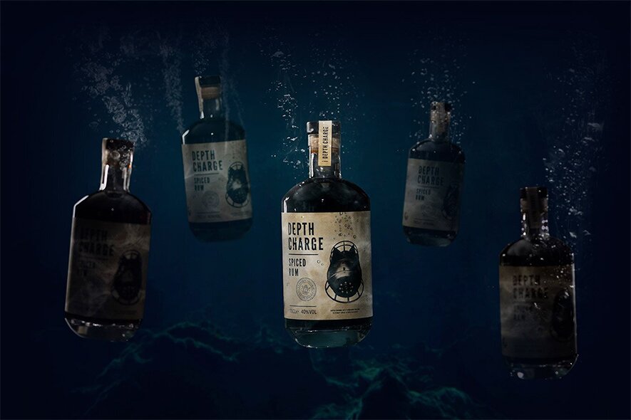 Depth Charge rum sinking down in the sea.