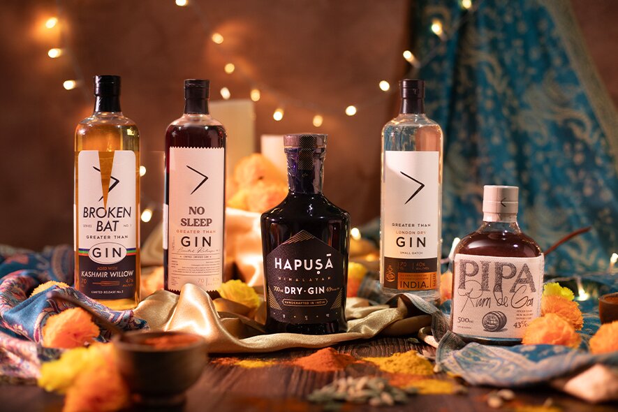Five bottles of gin and rum, including; Hapusa Gin, Pipa Rum de Goa, Greater Than Gin, Greater Than Broken Bat Gin, and No Sleep Greater Than Gin.