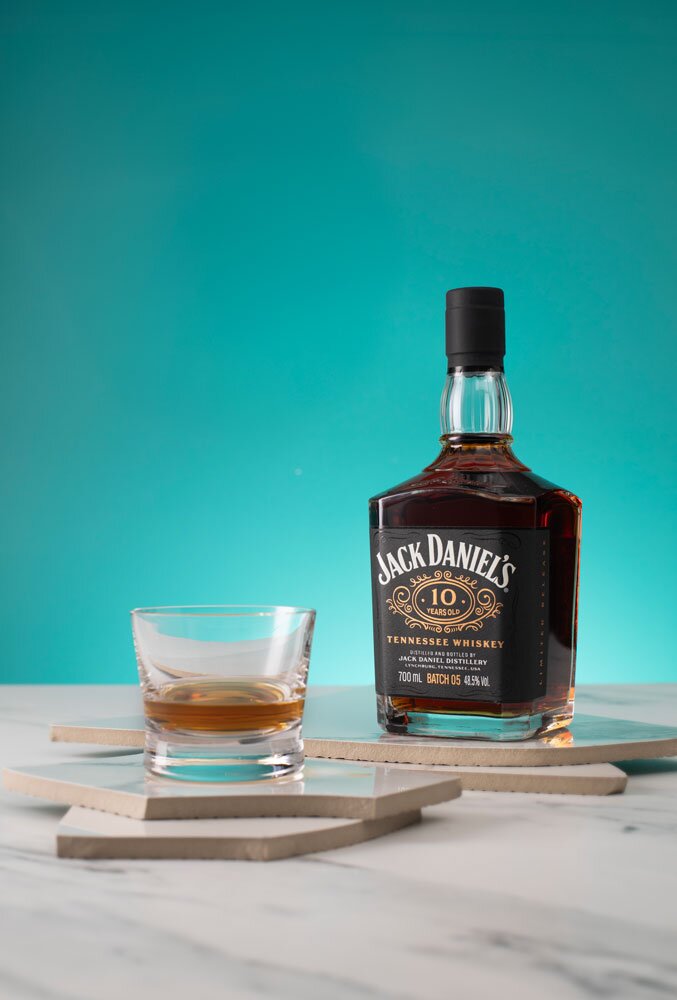 Jack Daniel's 10 Year Old Batch #5 whiskey bottle and glass