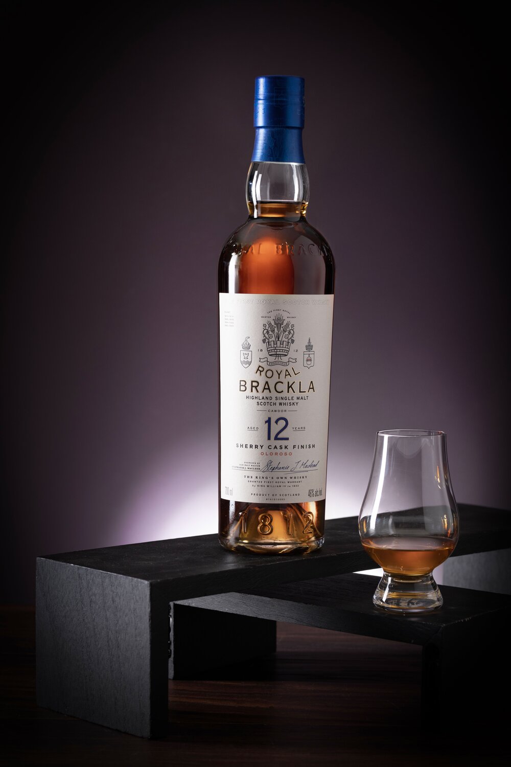Royal Brackla 12 Year Old whisky bottle  with tasting glass