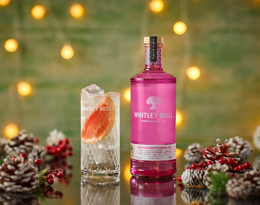 A Pink Grapefruit G&T made with Whitley Neill Pink Grapefruit Gin.