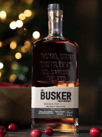 A bottle of The Busker single pot small batch whiskey