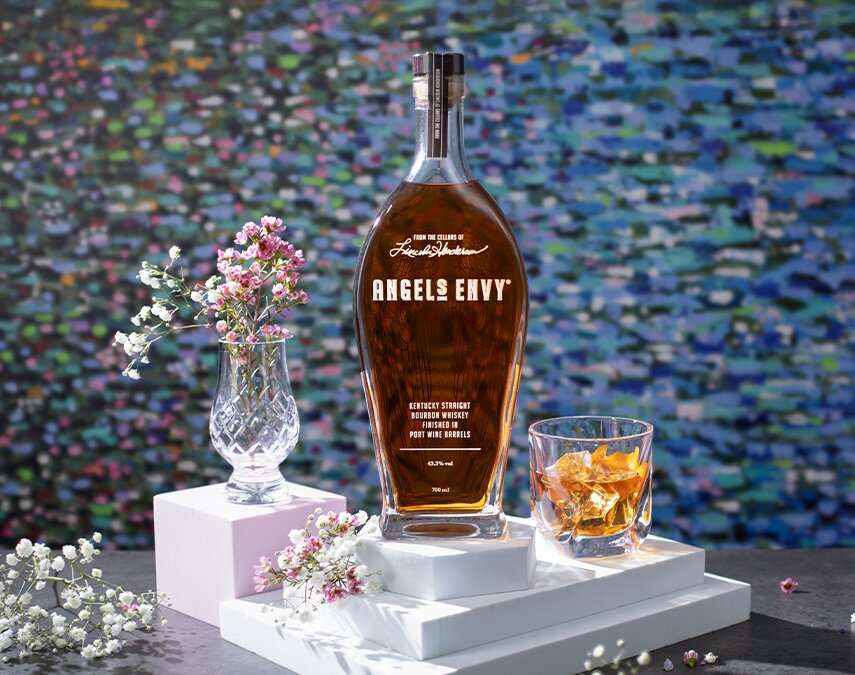 A bottle of Angel's Envy whiskey.