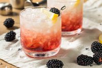 A gin Bramble cocktail garnished with a lemon wedge and blackberry skewer.