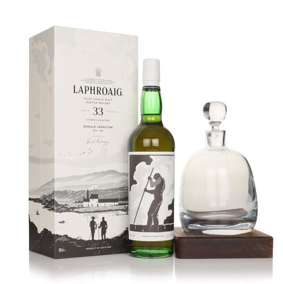 A bottle of Laphroaig 33 Year Old Strong Characters - Donald Johnston whisky.
