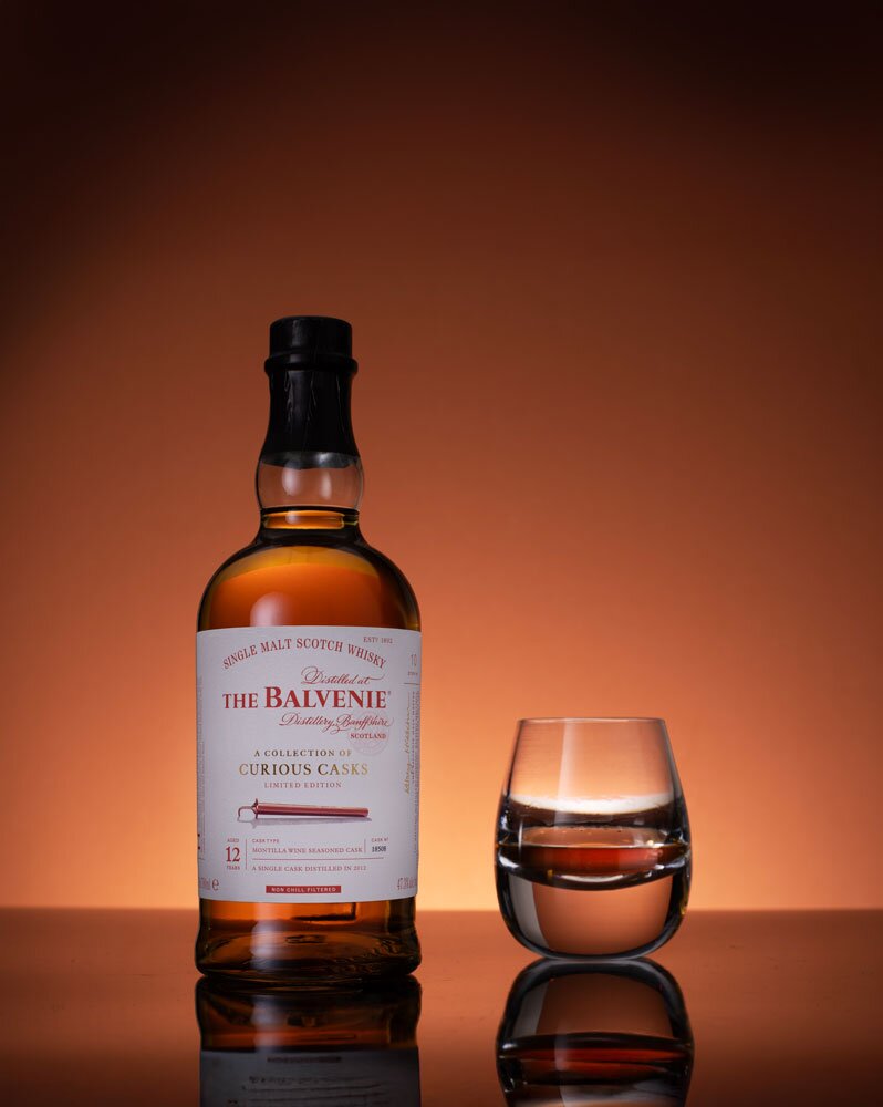 Balvenie 12 Year Old 2012 Montilla Wine Casks whisky bottle with glass