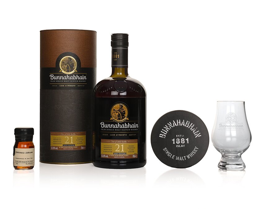 A bottle of Bunnahabhain 21 Year Old Pedro Ximenez Cask Finish with gift with purchase