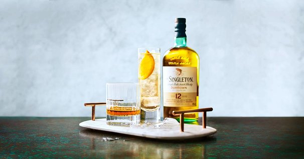 A bottle of Singleton 12, with a highball cocktail.