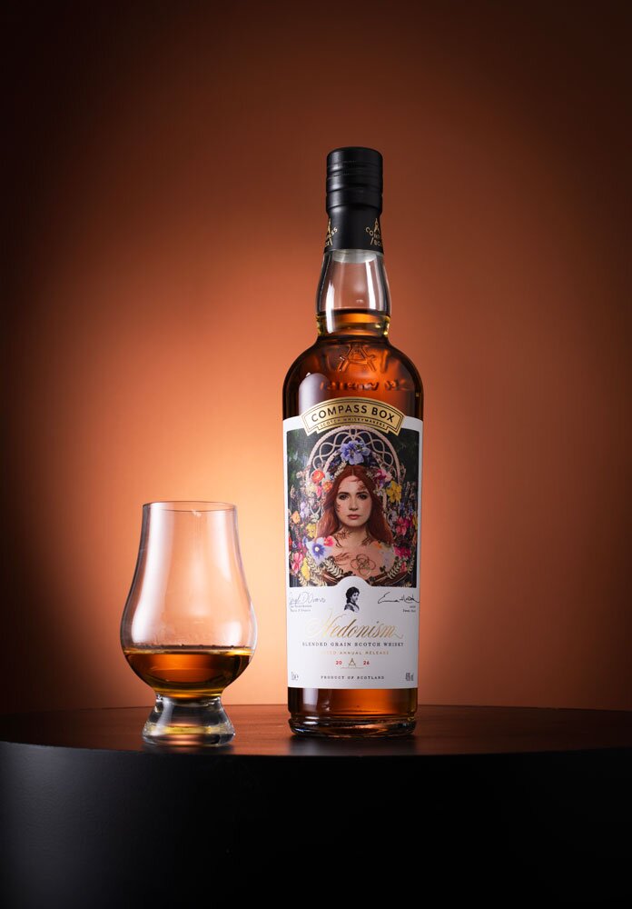 Compass Box Hedonism 2026 whisky bottle with Glencairn tasting glass