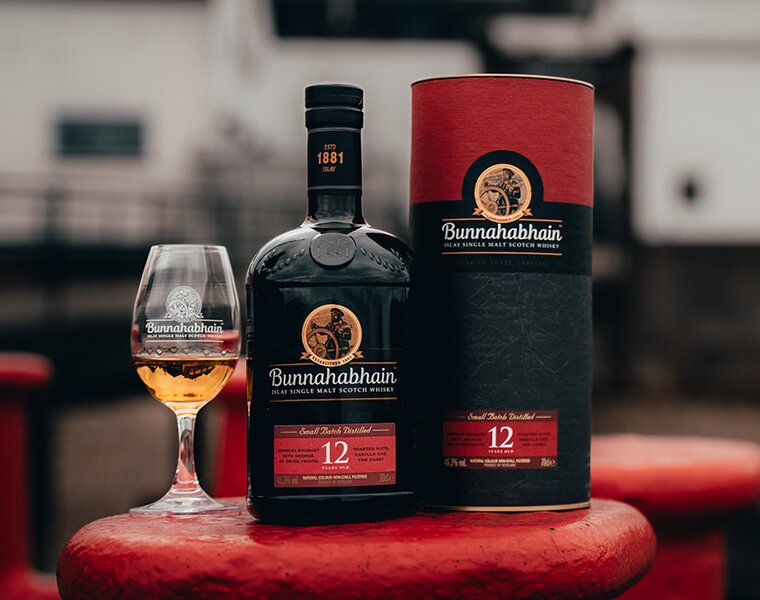 A bottle of Bunnahabhain 12 Year Old with presentation box