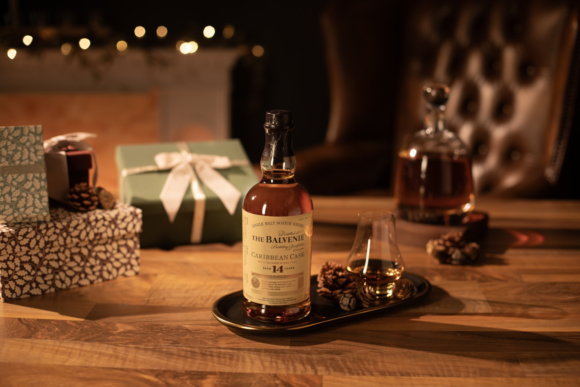 A bottle of Balvenie 14 Year Old Caribbean Cask.