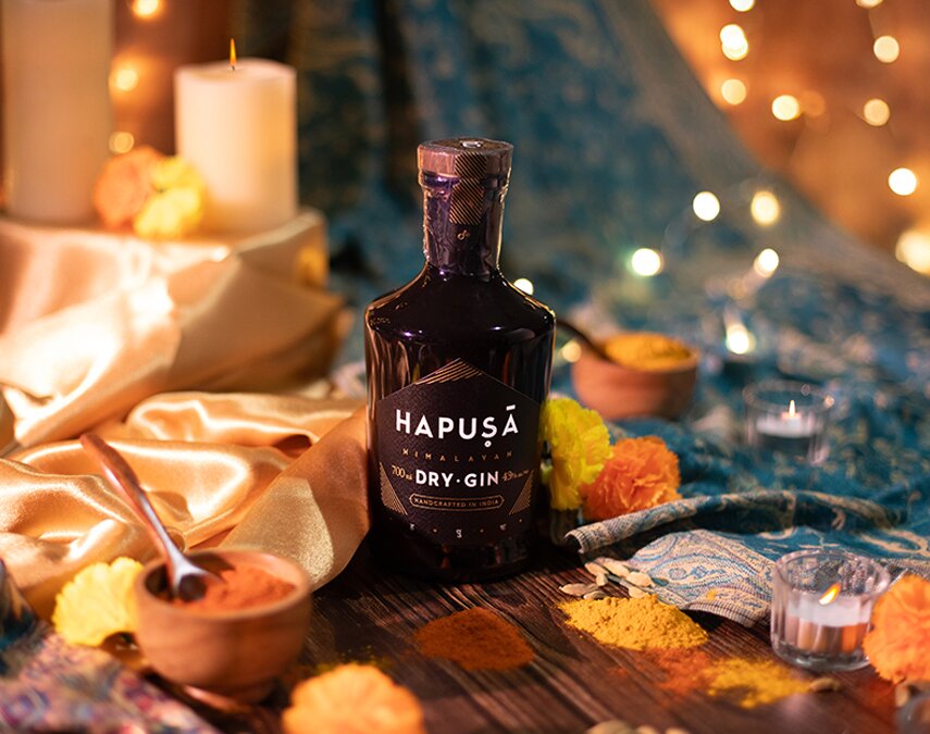 A bottle of Hapusa Himalayan Gin.