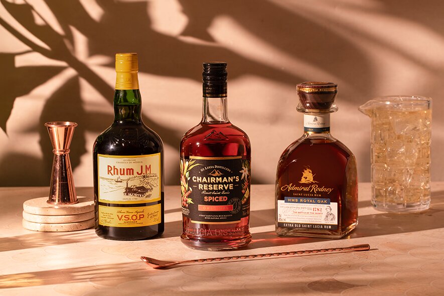 A bottle of Chairman's Reserve Spiced Rum,  Rhum J.M VSOP, and Admiral Rodney Royal Oak.