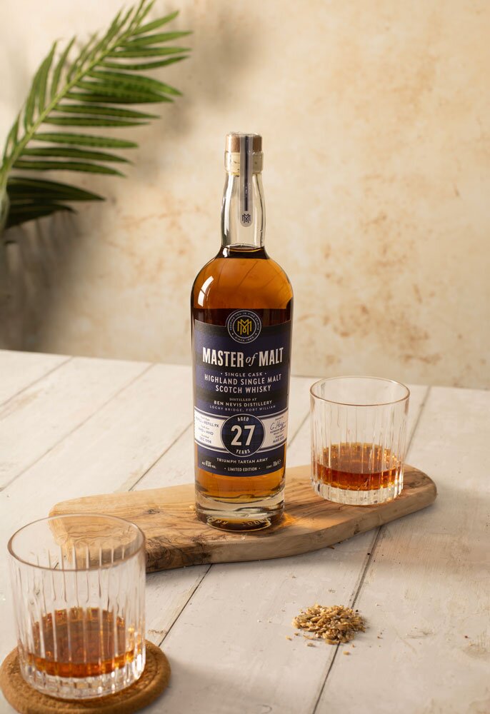 Balmenach 24 Year Old Wormtub Single Cask whisky bottle with Glencairn glass